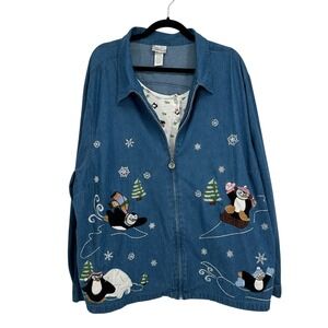 Vtg Fashion Bug Penguin Denim Jacket 30/32W‎ Winter Holiday Embroidered Zip